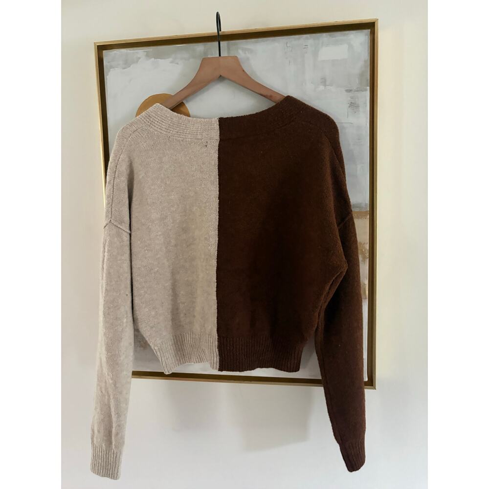 Cozy Color Block Cardigan Sweater Large Brown Cream Boho Cottagecore - Picture 5 of 6